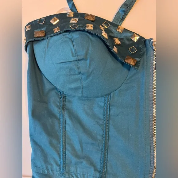 NWT Lydia Blue Bustier Corset Ribbed Peplum Jewel Embellished Top SzS - Picture 6 of 9